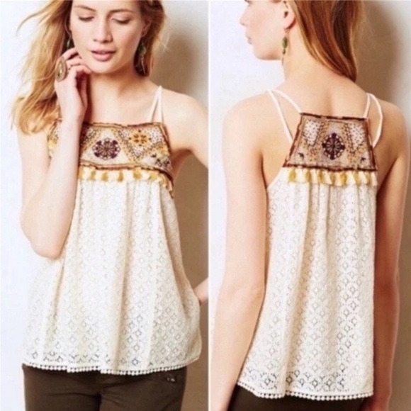 HD in Paris for Anthropologie Embroidered Lace Tassel Top – Size 4 - Picture 1 of 8
